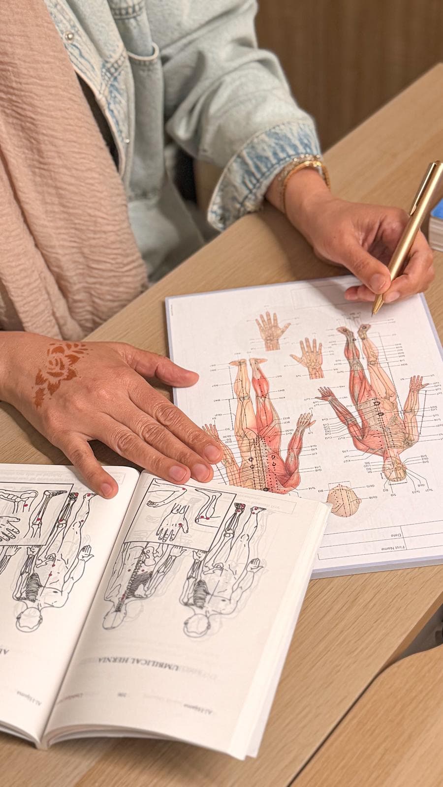 Hikma Wellness practitioner studying anatomy charts